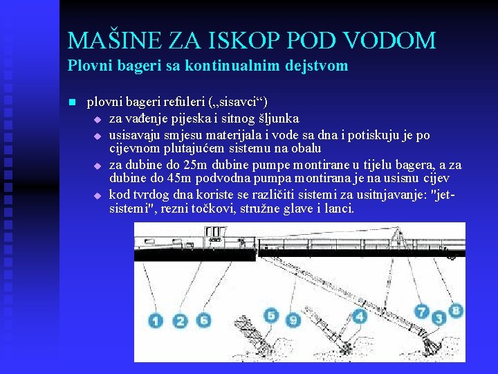 MAŠINE ZA ISKOP POD VODOM Plovni bageri sa kontinualnim dejstvom n plovni bageri refuleri