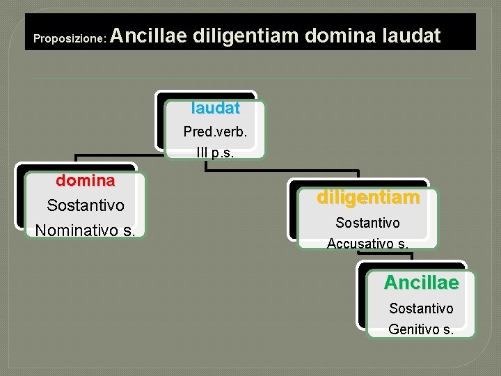 Proposizione: Ancillae diligentiam domina laudat Pred. verb. III p. s. domina Sostantivo Nominativo s.