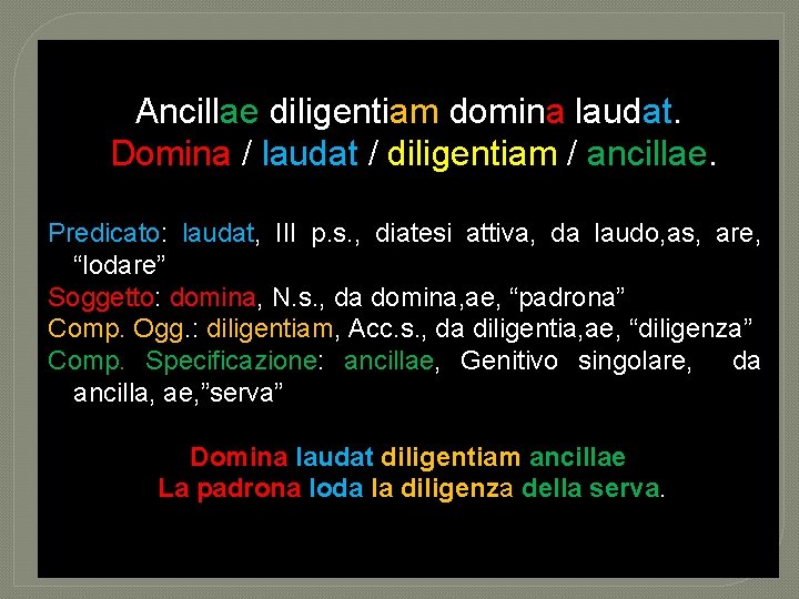 Ancillae diligentiam domina laudat. Domina / laudat / diligentiam / ancillae. Predicato: laudat, III