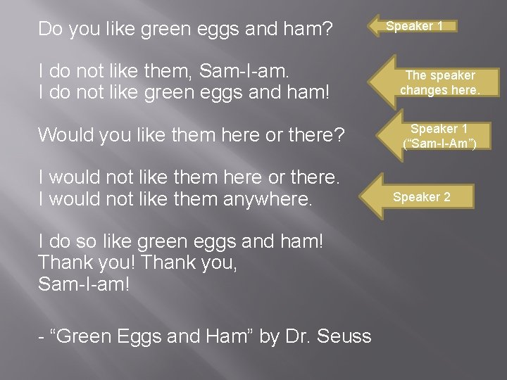 Do you like green eggs and ham? Speaker 1 I do not like them,