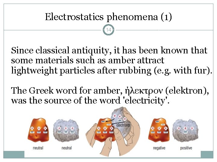 Electrostatics phenomena (1) 14 Since classical antiquity, it has been known that some materials
