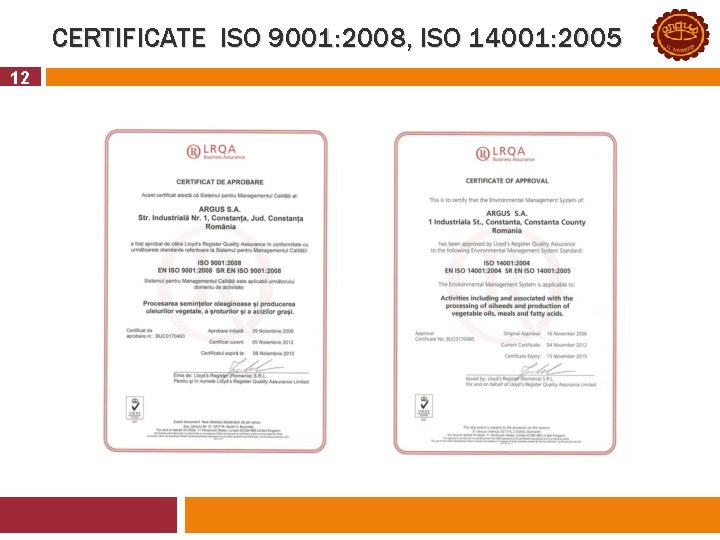 CERTIFICATE ISO 9001: 2008, ISO 14001: 2005 12 