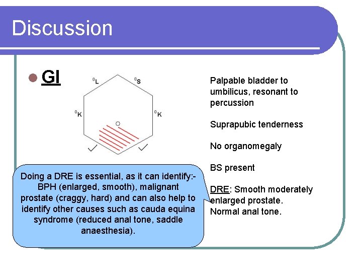 Discussion l GI Palpable bladder to umbilicus, resonant to percussion Suprapubic tenderness No organomegaly