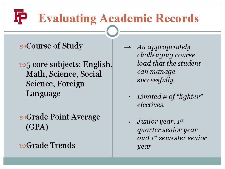 Evaluating Academic Records Course of Study 5 core subjects: English, Math, Science, Social Science,