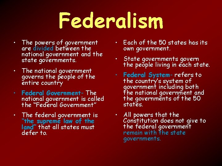 Federalism • The powers of government are divided between the national government and the