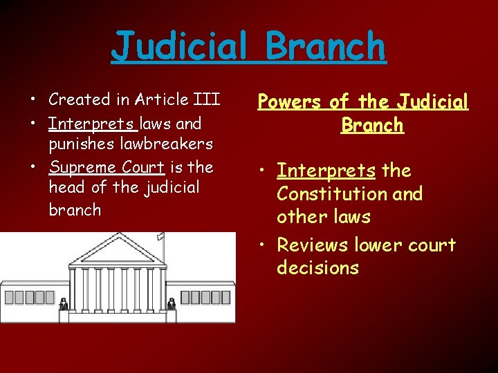 Judicial Branch • Created in Article III • Interprets laws and punishes lawbreakers •