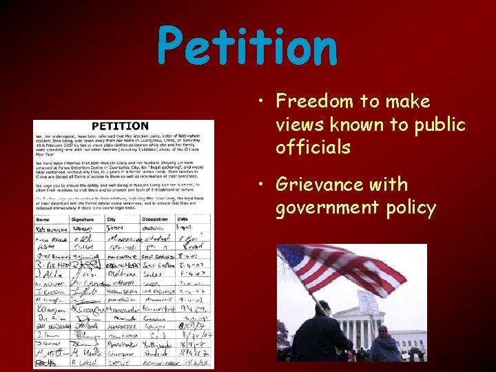 Petition • Freedom to make views known to public officials • Grievance with government