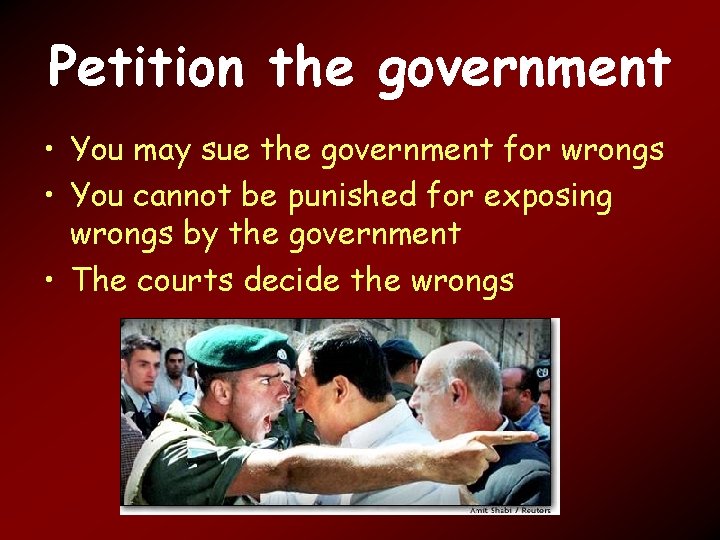 Petition the government • You may sue the government for wrongs • You cannot