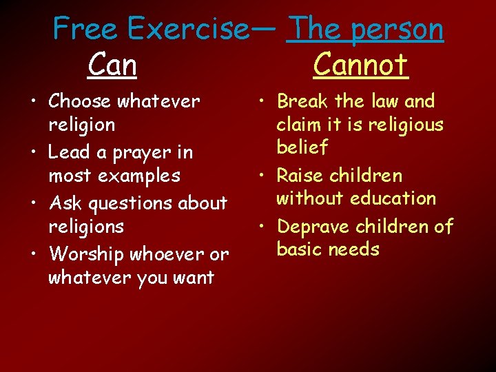 Free Exercise— The person Cannot • Choose whatever religion • Lead a prayer in
