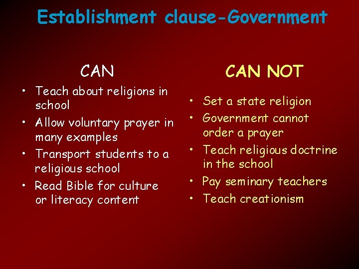 Establishment clause-Government CAN NOT • Teach about religions in school • Allow voluntary prayer