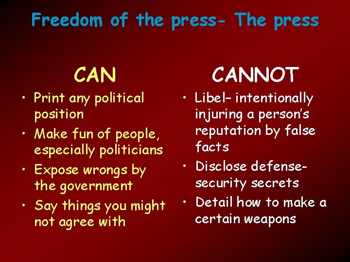 Freedom of the press- The press CANNOT • Print any political position • Make