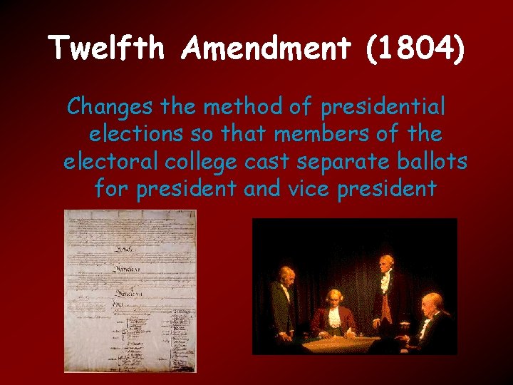 Twelfth Amendment (1804) Changes the method of presidential elections so that members of the