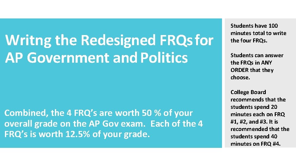 Writng the Redesigned FRQs for AP Government and Politics Combined, the 4 FRQ’s are