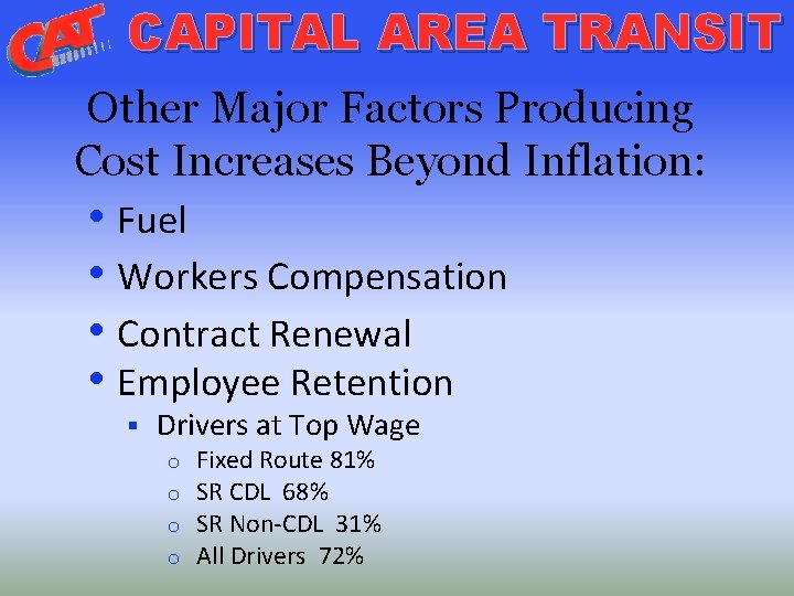 CAPITAL AREA TRANSIT Other Major Factors Producing Cost Increases Beyond Inflation: • Fuel •