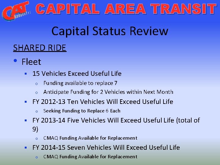 CAPITAL AREA TRANSIT Capital Status Review SHARED RIDE • Fleet § 15 Vehicles Exceed