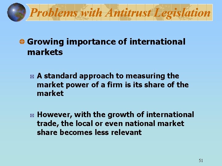 Problems with Antitrust Legislation Growing importance of international markets A standard approach to measuring