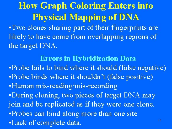 How Graph Coloring Enters into Physical Mapping of DNA • Two clones sharing part