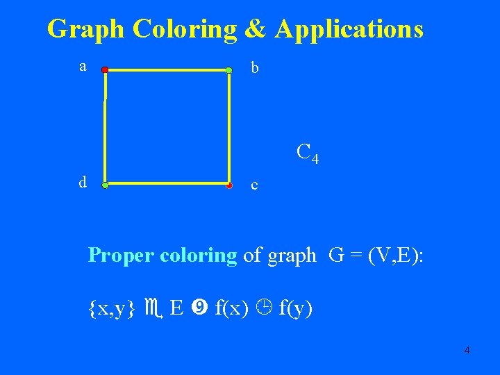 Graph Coloring & Applications a b C 4 d c Proper coloring of graph