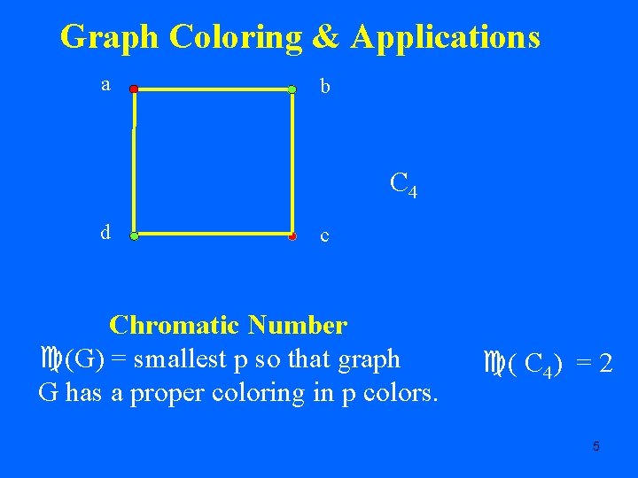 Graph Coloring & Applications a b C 4 d c Chromatic Number (G) =