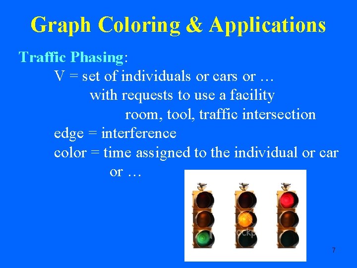 Graph Coloring & Applications Traffic Phasing: V = set of individuals or cars or