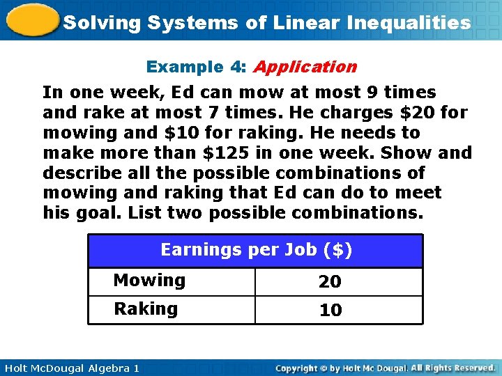 Solving Systems of Linear Inequalities Example 4: Application In one week, Ed can mow
