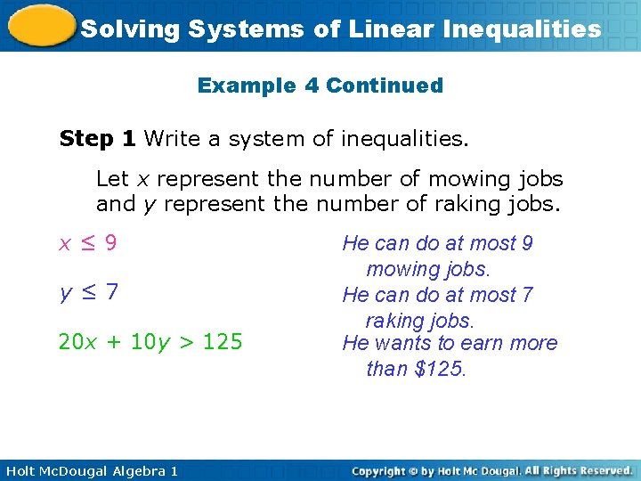 Solving Systems of Linear Inequalities Example 4 Continued Step 1 Write a system of
