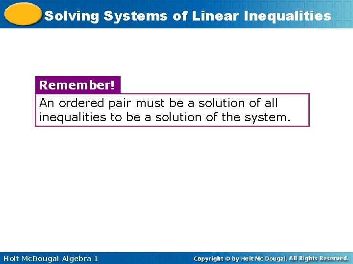Solving Systems of Linear Inequalities Remember! An ordered pair must be a solution of