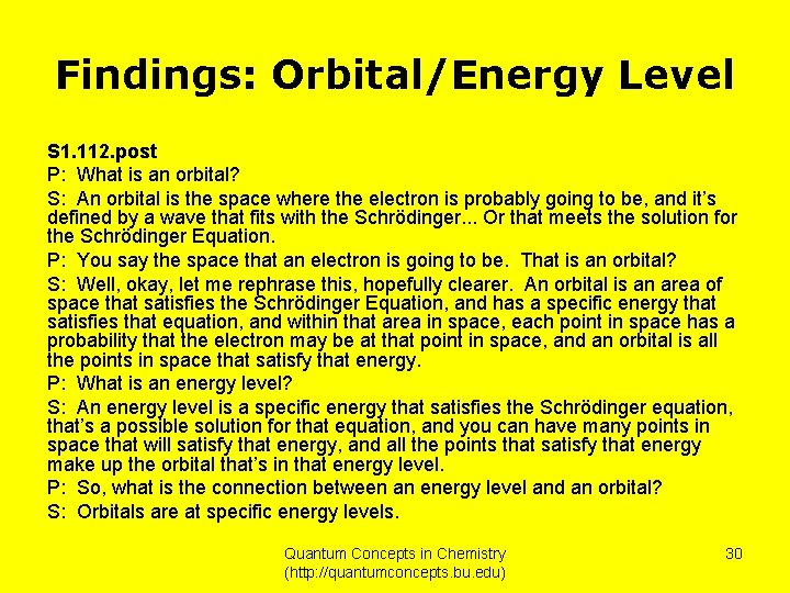 Findings: Orbital/Energy Level S 1. 112. post P: What is an orbital? S: An