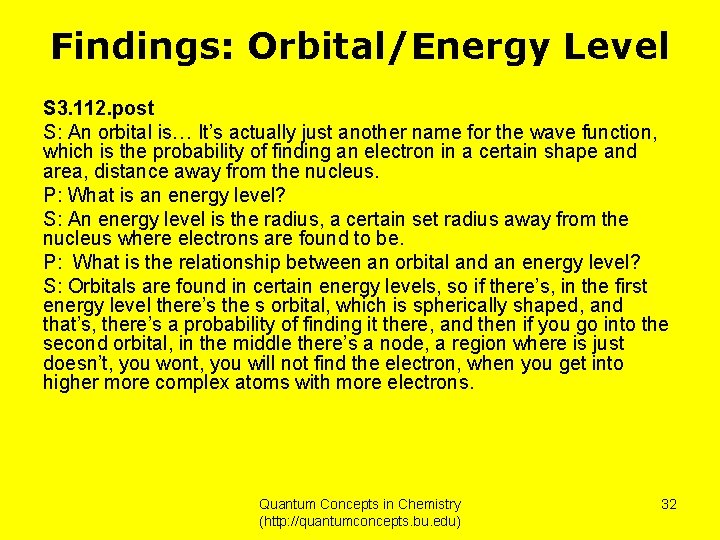 Findings: Orbital/Energy Level S 3. 112. post S: An orbital is… It’s actually just