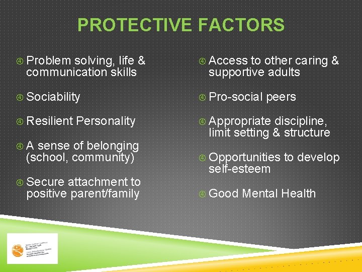 PROTECTIVE FACTORS Problem solving, life & communication skills Access Sociability Pro-social Resilient Appropriate Personality