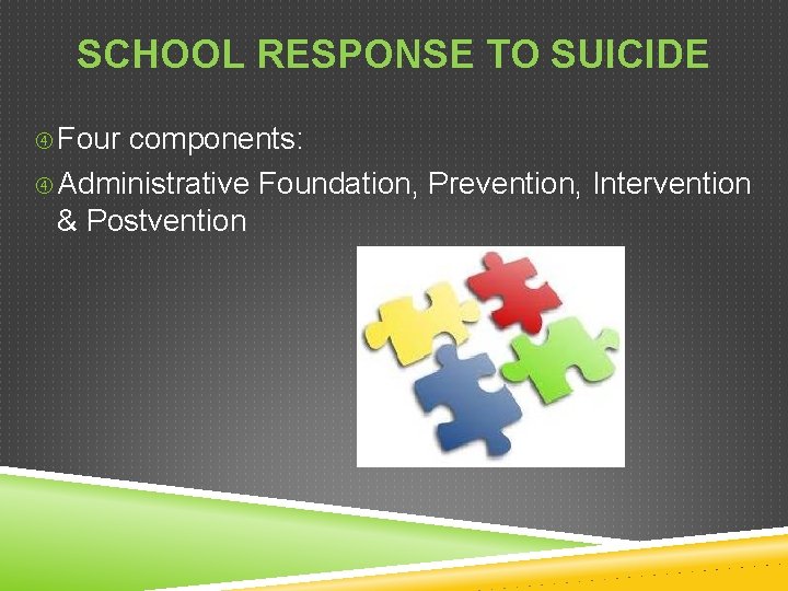 SCHOOL RESPONSE TO SUICIDE Four components: Administrative Foundation, Prevention, Intervention & Postvention SCHOOL RESPONSE TO SUICIDE Four components: Administrative Foundation, Prevention, Intervention & Postvention