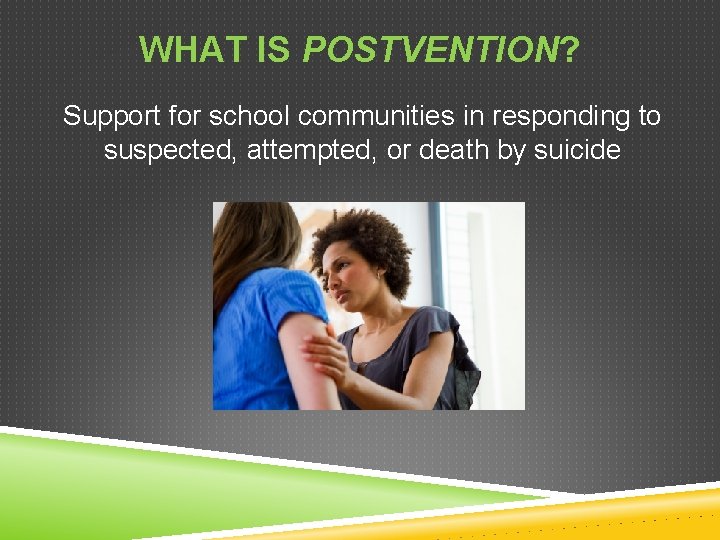 WHAT IS POSTVENTION? Support for school communities in responding to suspected, attempted, or death WHAT IS POSTVENTION? Support for school communities in responding to suspected, attempted, or death