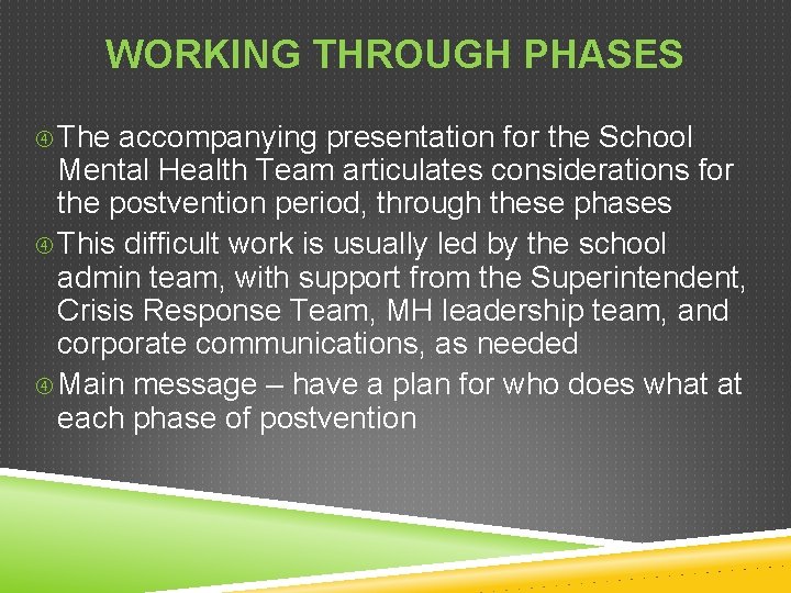 WORKING THROUGH PHASES The accompanying presentation for the School Mental Health Team articulates considerations