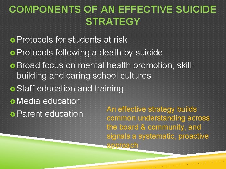 COMPONENTS OF AN EFFECTIVE SUICIDE STRATEGY Protocols for students at risk Protocols following a