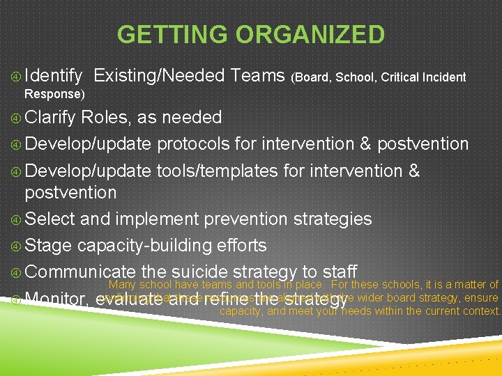 GETTING ORGANIZED Identify Existing/Needed Teams (Board, School, Critical Incident Response) Clarify Roles, as needed