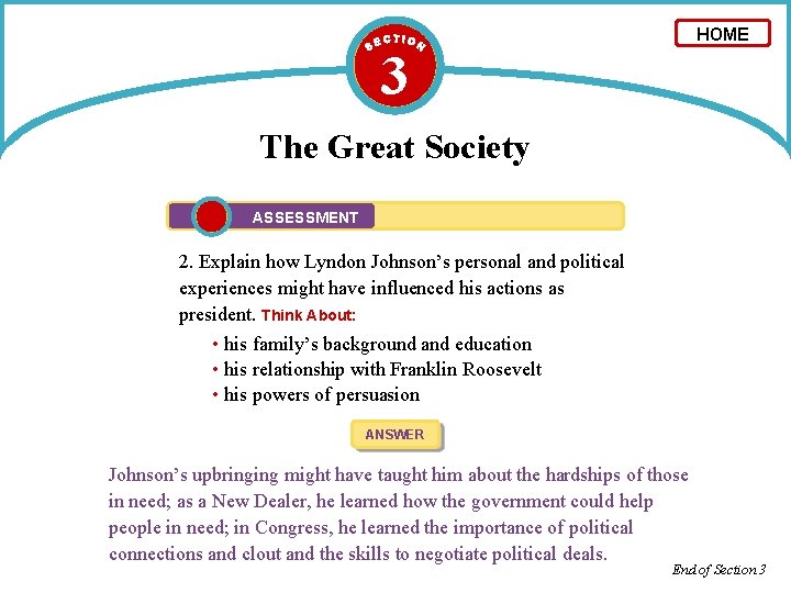 HOME 3 The Great Society ASSESSMENT 2. Explain how Lyndon Johnson’s personal and political