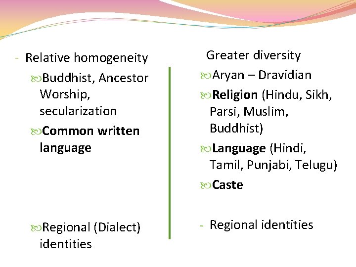 - Relative homogeneity Buddhist, Ancestor Worship, secularization Common written language Regional (Dialect) identities Greater - Relative homogeneity Buddhist, Ancestor Worship, secularization Common written language Regional (Dialect) identities Greater