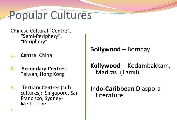 Popular Cultures Chinese Cultural “Centre”, “Semi-Periphery”, “Periphery” 1. Centre: China 2. Secondary Centres: Taiwan, Popular Cultures Chinese Cultural “Centre”, “Semi-Periphery”, “Periphery” 1. Centre: China 2. Secondary Centres: Taiwan,