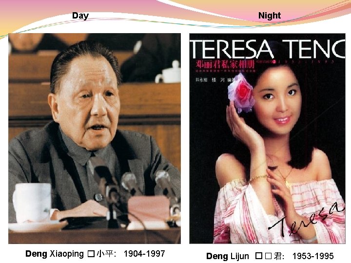 Day Deng Xiaoping � 小平: 1904 -1997 Night Deng Lijun � � 君: 1953 Day Deng Xiaoping � 小平: 1904 -1997 Night Deng Lijun � � 君: 1953