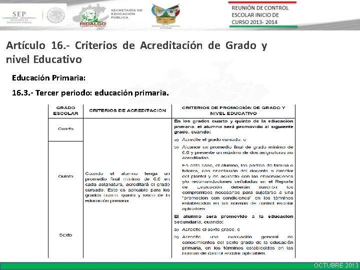 Artículo 16. - Criterios de Acreditación de Grado y nivel Educativo Educación Primaria: 16.