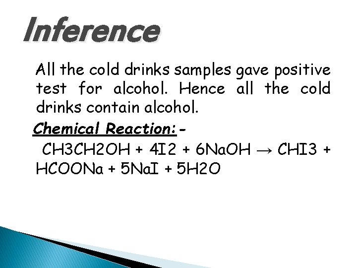 Inference All the cold drinks samples gave positive test for alcohol. Hence all the