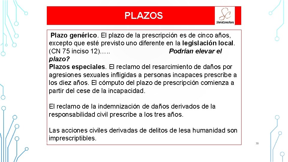 PLAZOS Plazo genérico. El plazo de la prescripción es de cinco años, excepto que PLAZOS Plazo genérico. El plazo de la prescripción es de cinco años, excepto que