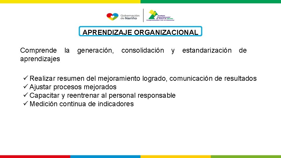 APRENDIZAJE ORGANIZACIONAL Comprende la generación, consolidación y estandarización de aprendizajes ü Realizar resumen del