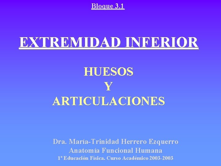 Bloque 3. 1 EXTREMIDAD INFERIOR HUESOS Y ARTICULACIONES Dra. María-Trinidad Herrero Ezquerro Anatomía Funcional