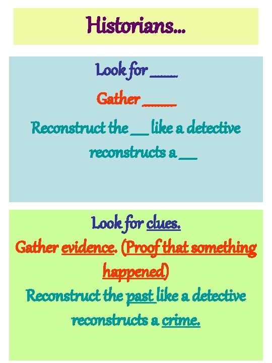 Historians… Look for ____ Gather _____ Reconstruct the _____ like a detective reconstructs a