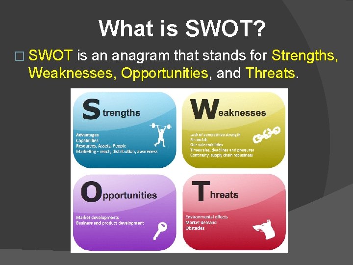 What is SWOT? � SWOT is an anagram that stands for Strengths, Weaknesses, Opportunities,