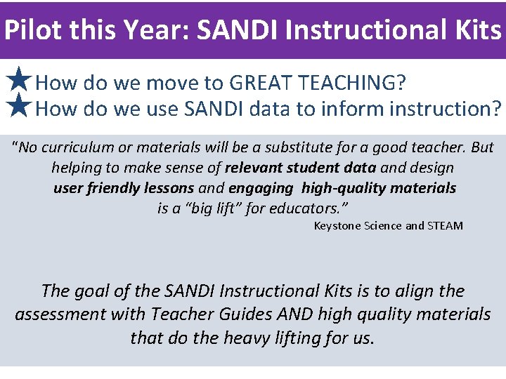 Pilot this Year: SANDI Instructional Kits ★How do we move to GREAT TEACHING? ★How