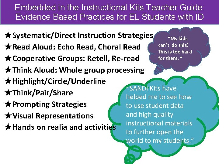 Embedded in the Instructional Kits Teacher Guide: Evidence Based Practices for EL Students with