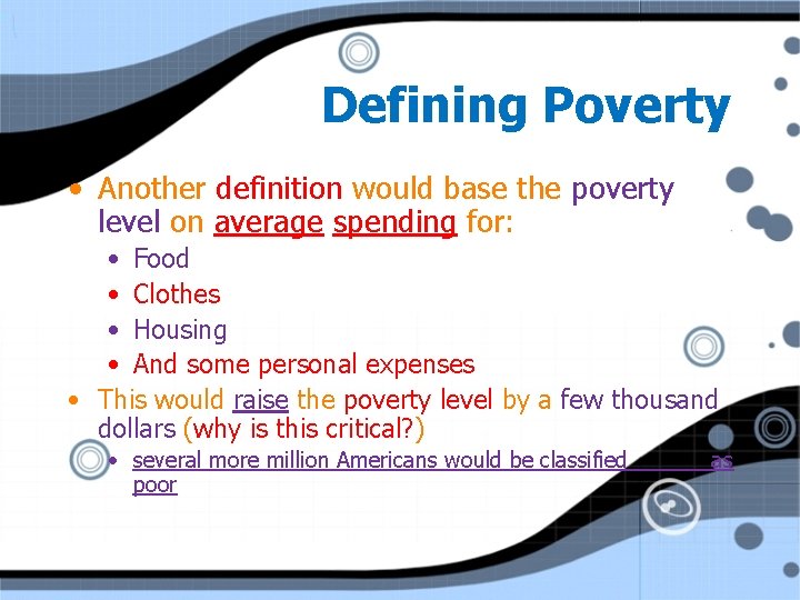 Defining Poverty • Another definition would base the poverty level on average spending for: