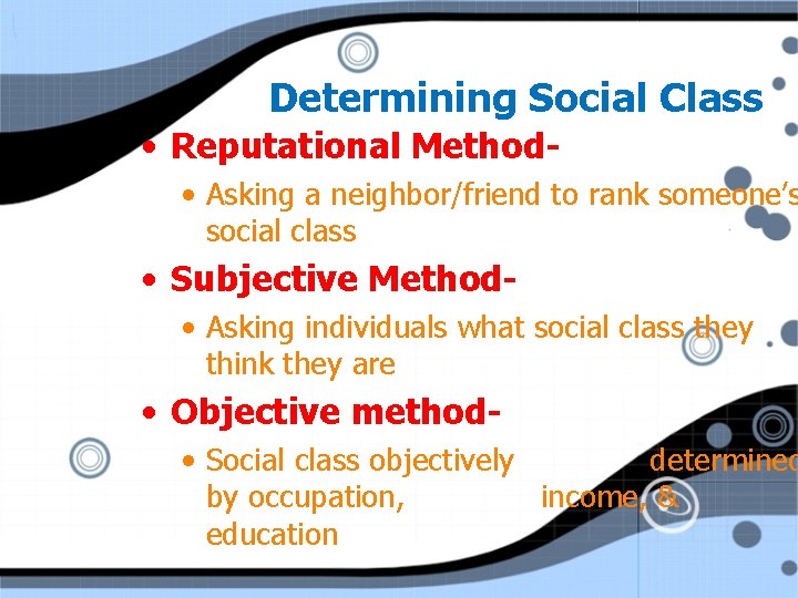 Determining Social Class • Reputational Method- • Asking a neighbor/friend to rank someone’s social